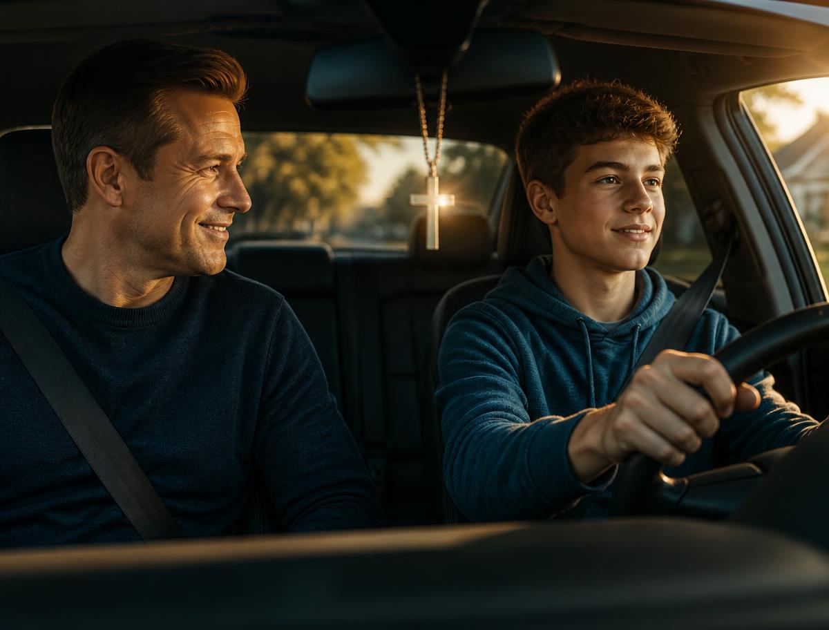 A parent riding in the passenger seat while their teenager drives at sunrise; a small Christian cross hangs from the rearview mirror