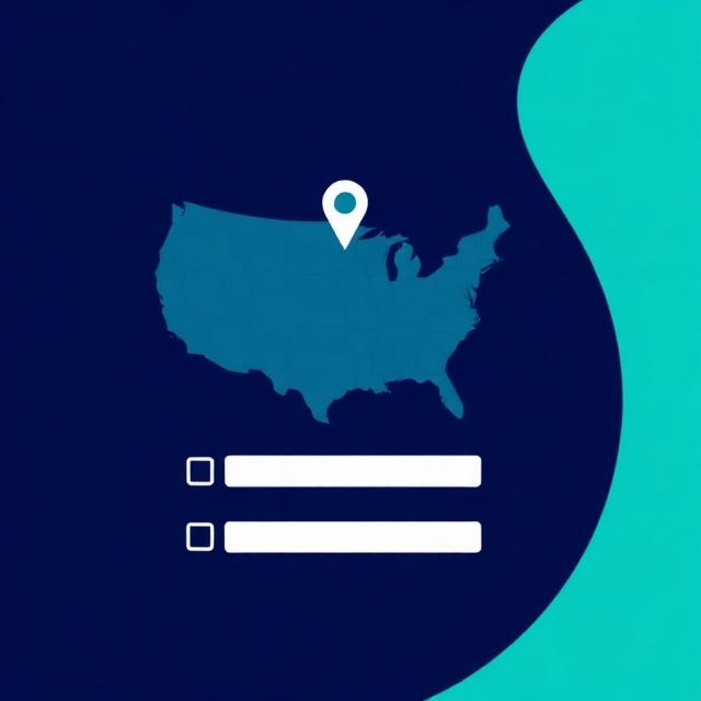 Illustration of a US map with a location pin above a short form